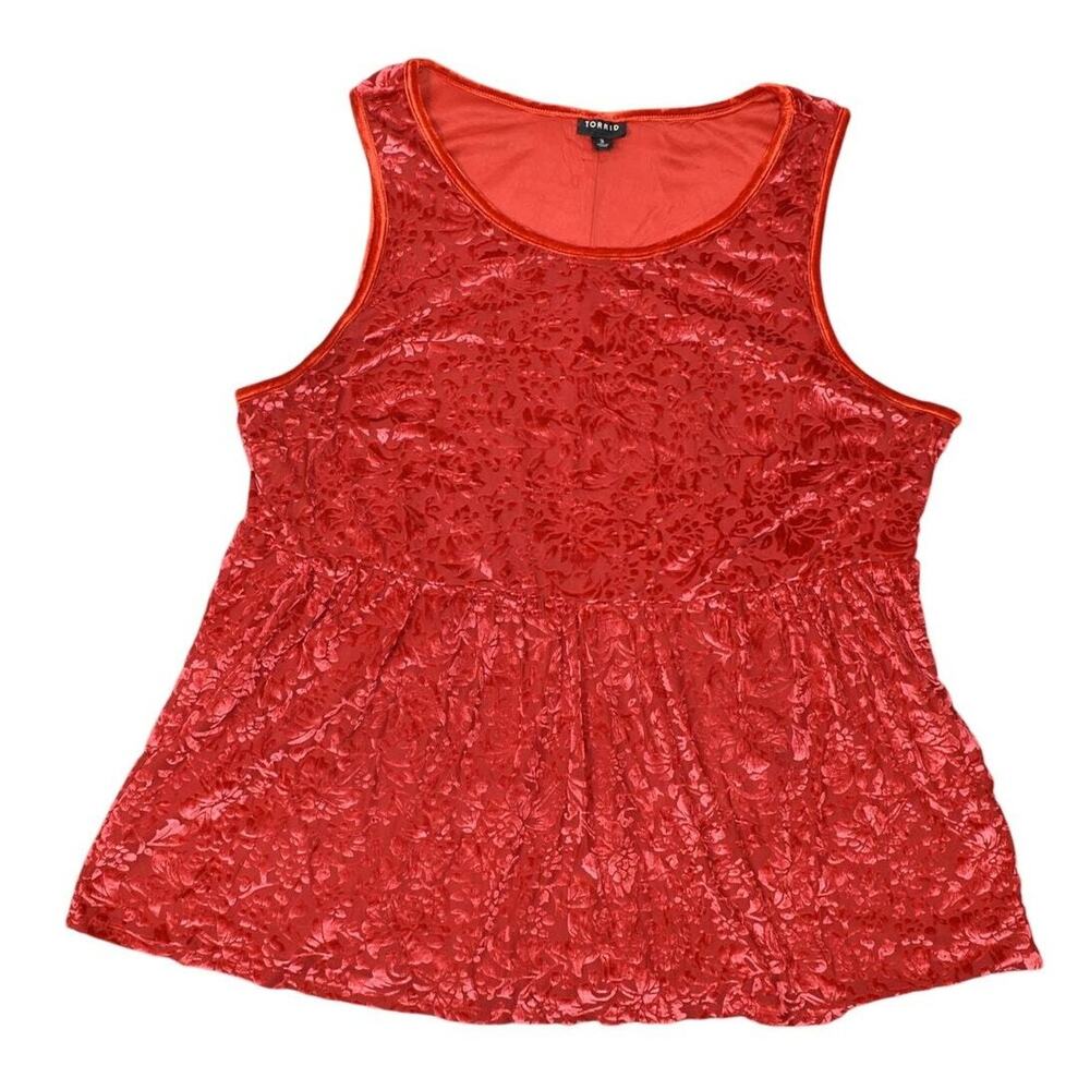 Torrid Women's Red Nylon Blouse Plus Size 3 Crew Neck Sleeveless Paisley Top
